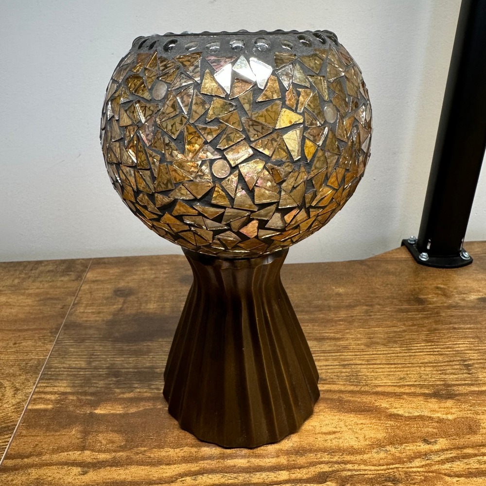Department 56 Amber Gold Mosaic Glass Candle Holder Bronze Pedestal 56.42287